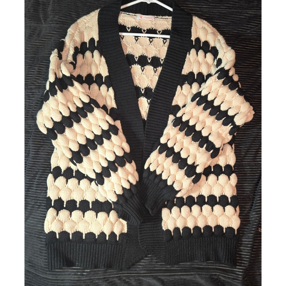 Kirundo LG Black Cream Popcorn Knit Open Front Cardigan Shawl Collar Sweater